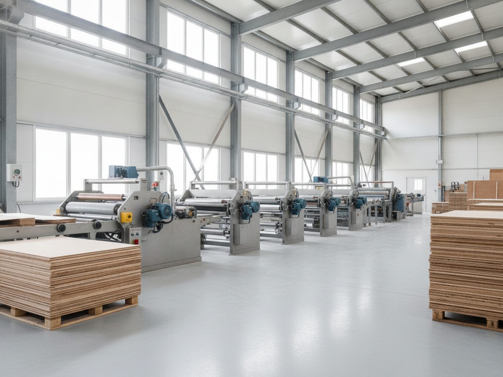 Stacked plywood and panels at Cochin Wood Industries
