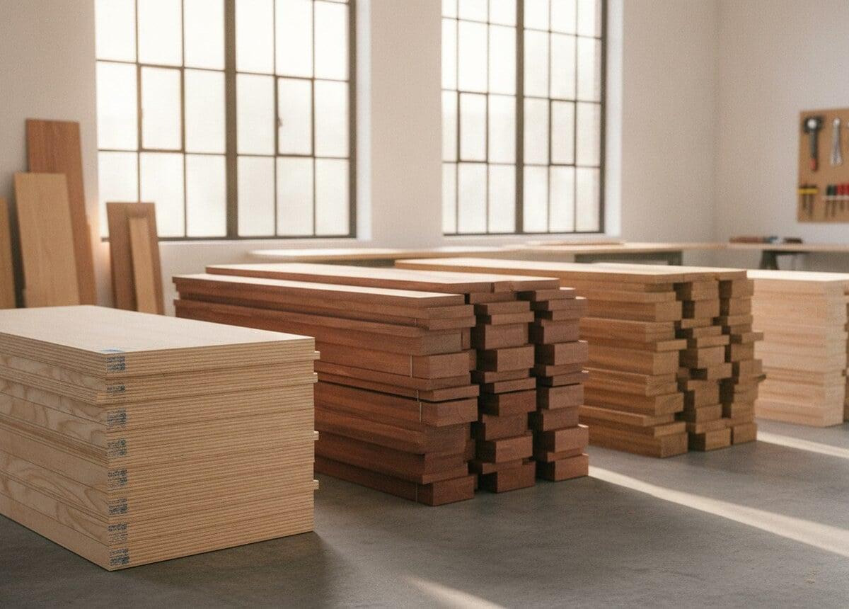 Cochin Wood Industries — plywood and sawn timber stacked at a Kerala yard beside Cochin Port, four decades on the Periyar