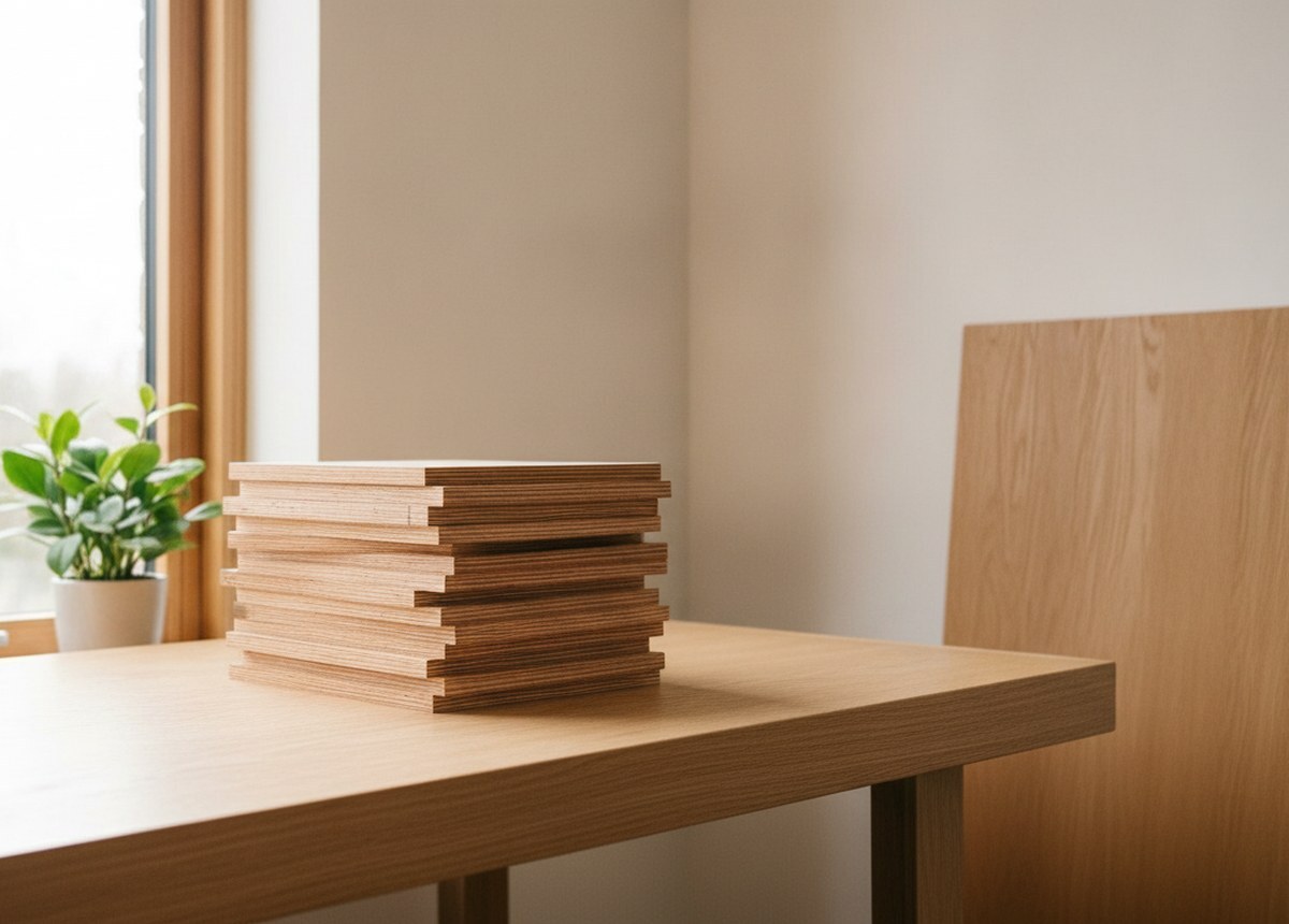 Plywood, veneer and laminate samples with a floor plan on a Cochin Wood Industries specification desk, Kerala