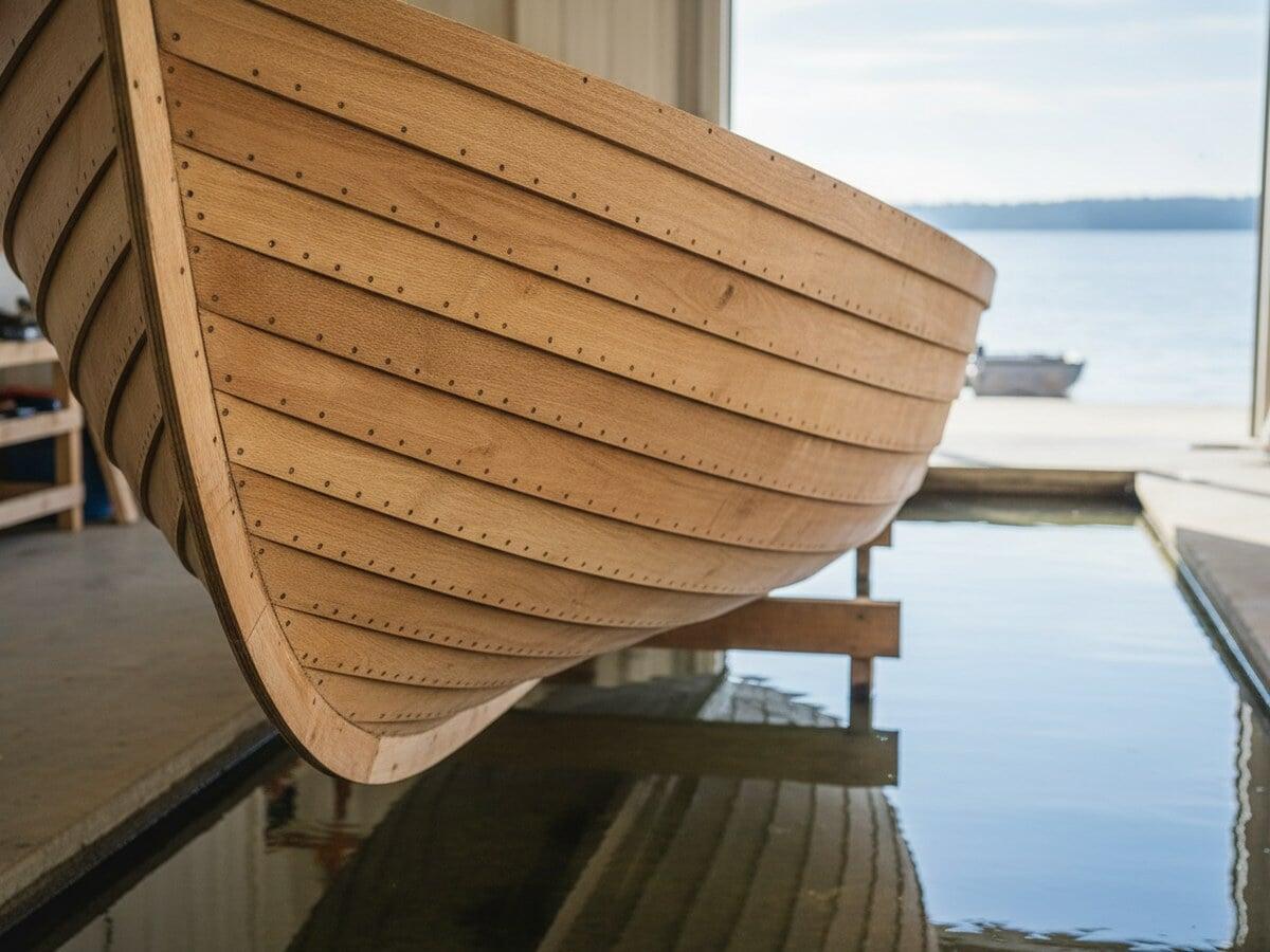 A varnished wooden boat hull on supports in a waterside boat shed, with calm water beyond.