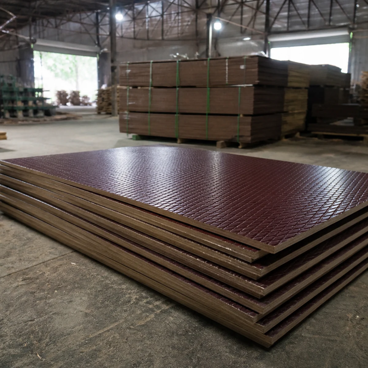Stack of anti-skid plywood on a mill floor, dark red-brown diamond-mesh grip surface