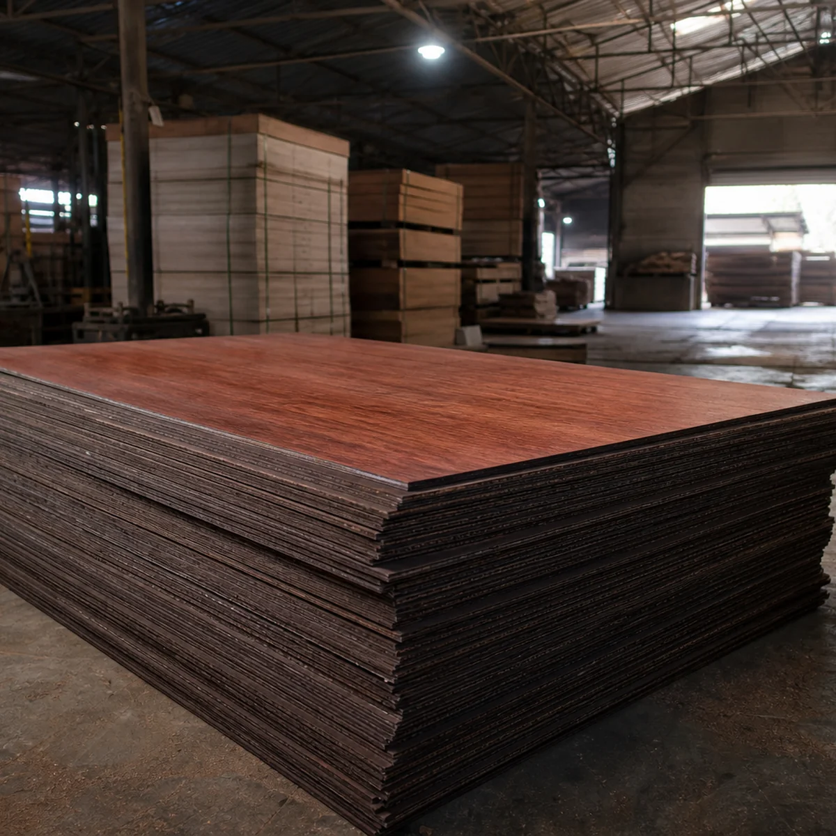 Stack of BWR-grade hardwood plywood on a mill floor, deep reddish-brown keruing face