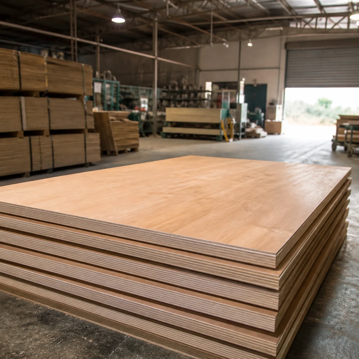 Stack of commercial plywood sheets on a mill floor, light golden-brown sanded face