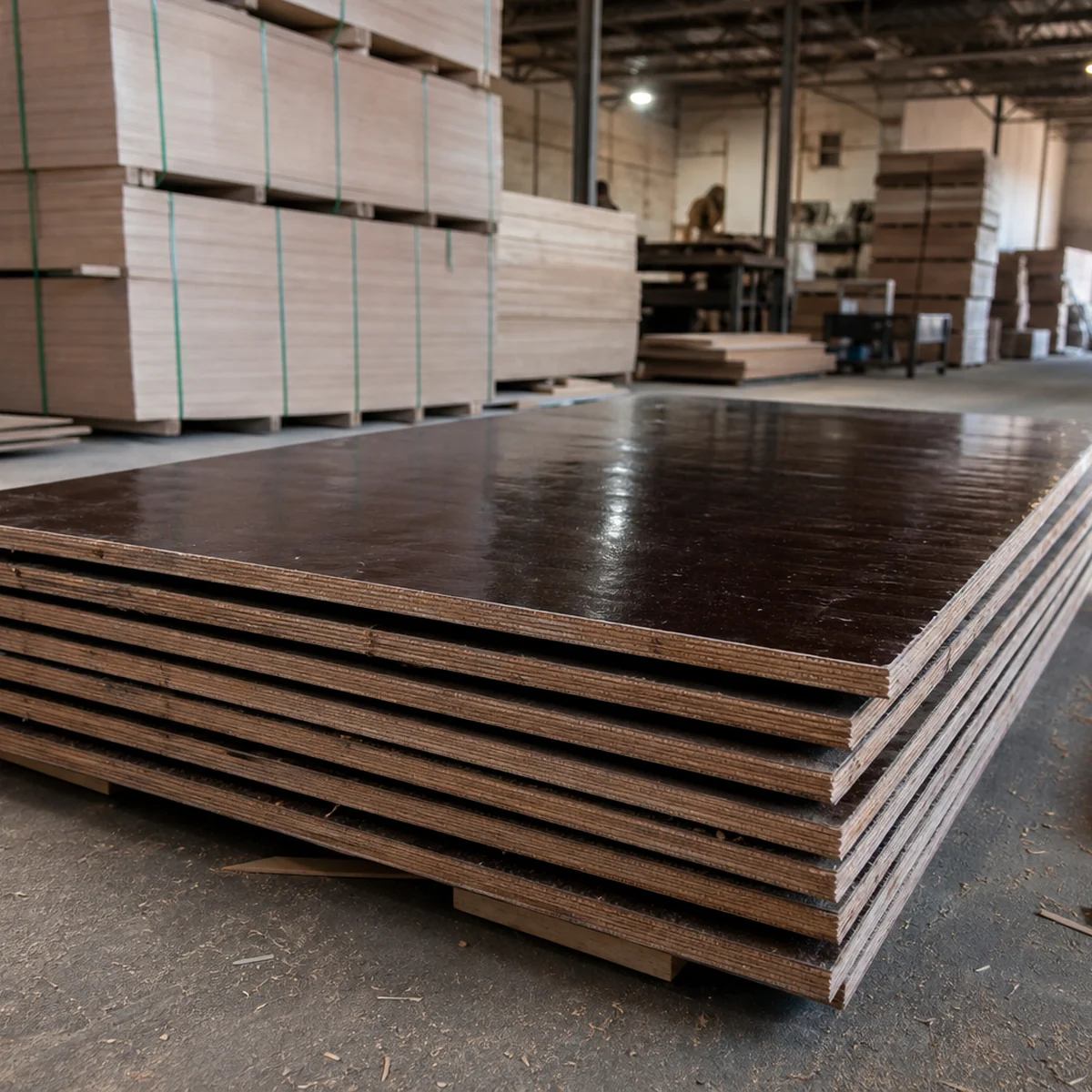 Stack of film-faced shuttering plywood on a mill floor with a dark brown phenolic overlay