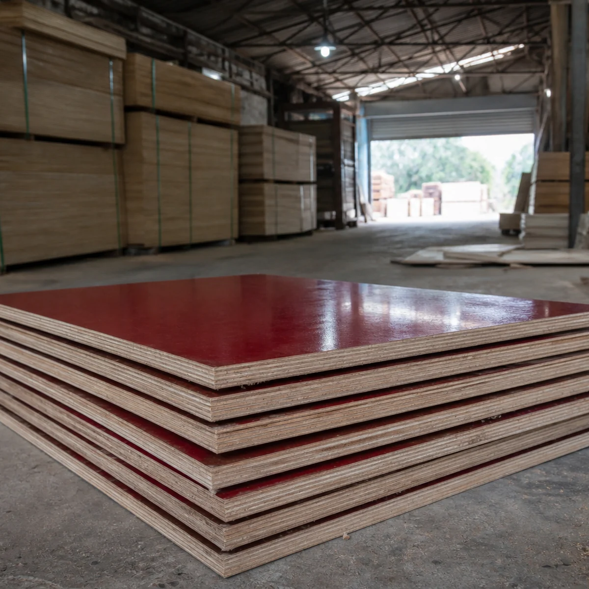 Stack of film-faced shuttering plywood on a mill floor with a red phenolic overlay