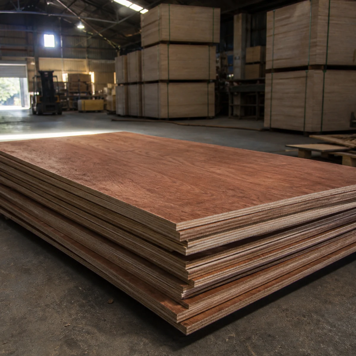 Stack of marine plywood sheets on a mill floor, reddish-brown face with dark phenolic glue lines