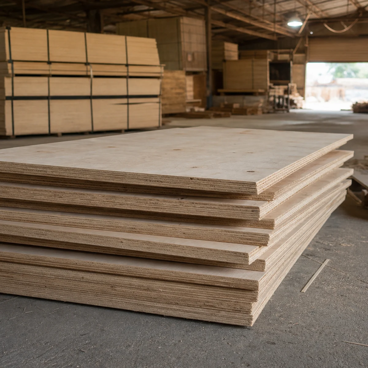 Stack of packing-grade plywood on a mill floor, plain pale face with small sound knots