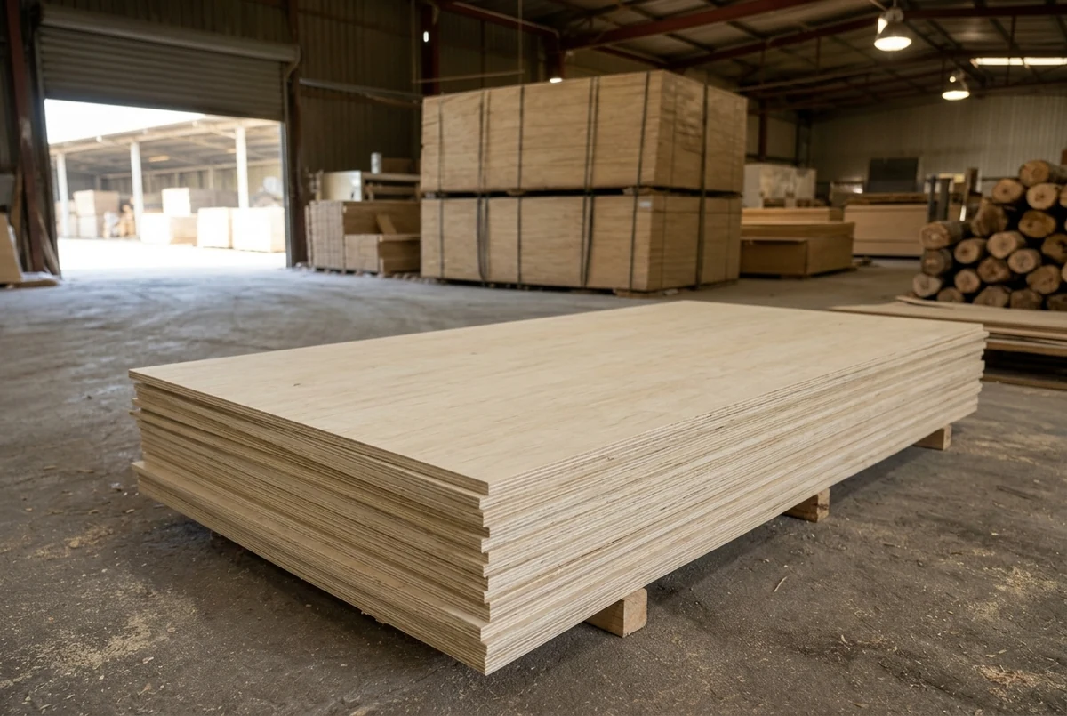 A stack of pale cream plywood panels with bundled sheets behind