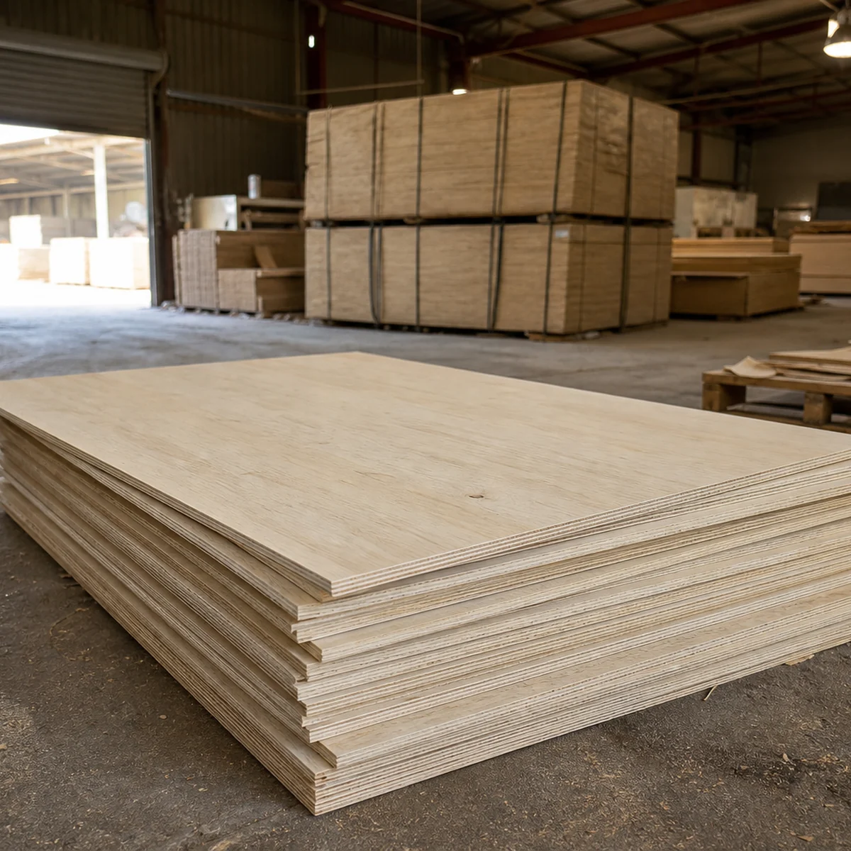 Stack of rubberwood plywood on a mill floor, pale blonde face with fine grain