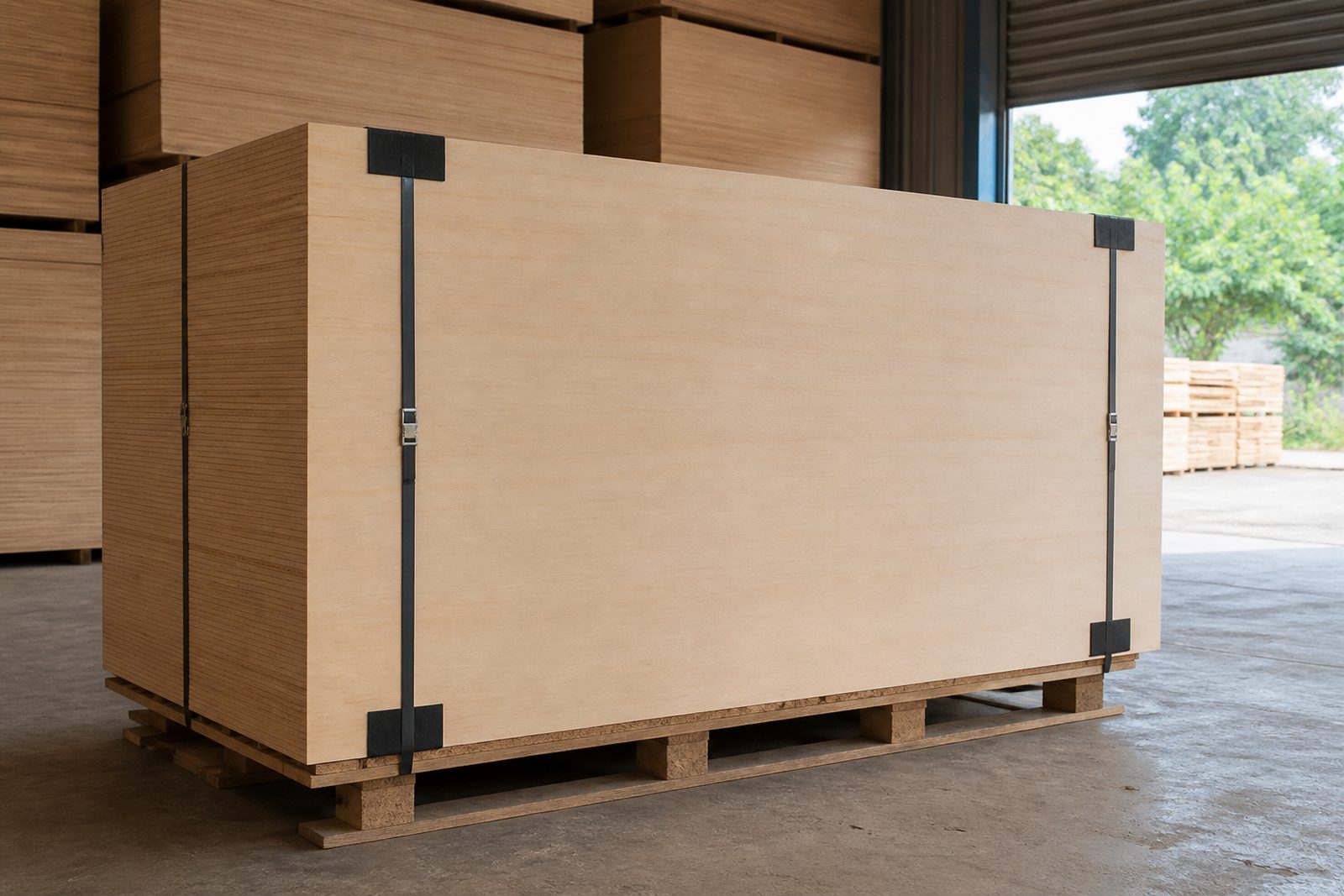 Finished plywood bundle strapped on a pallet in a warehouse bay
