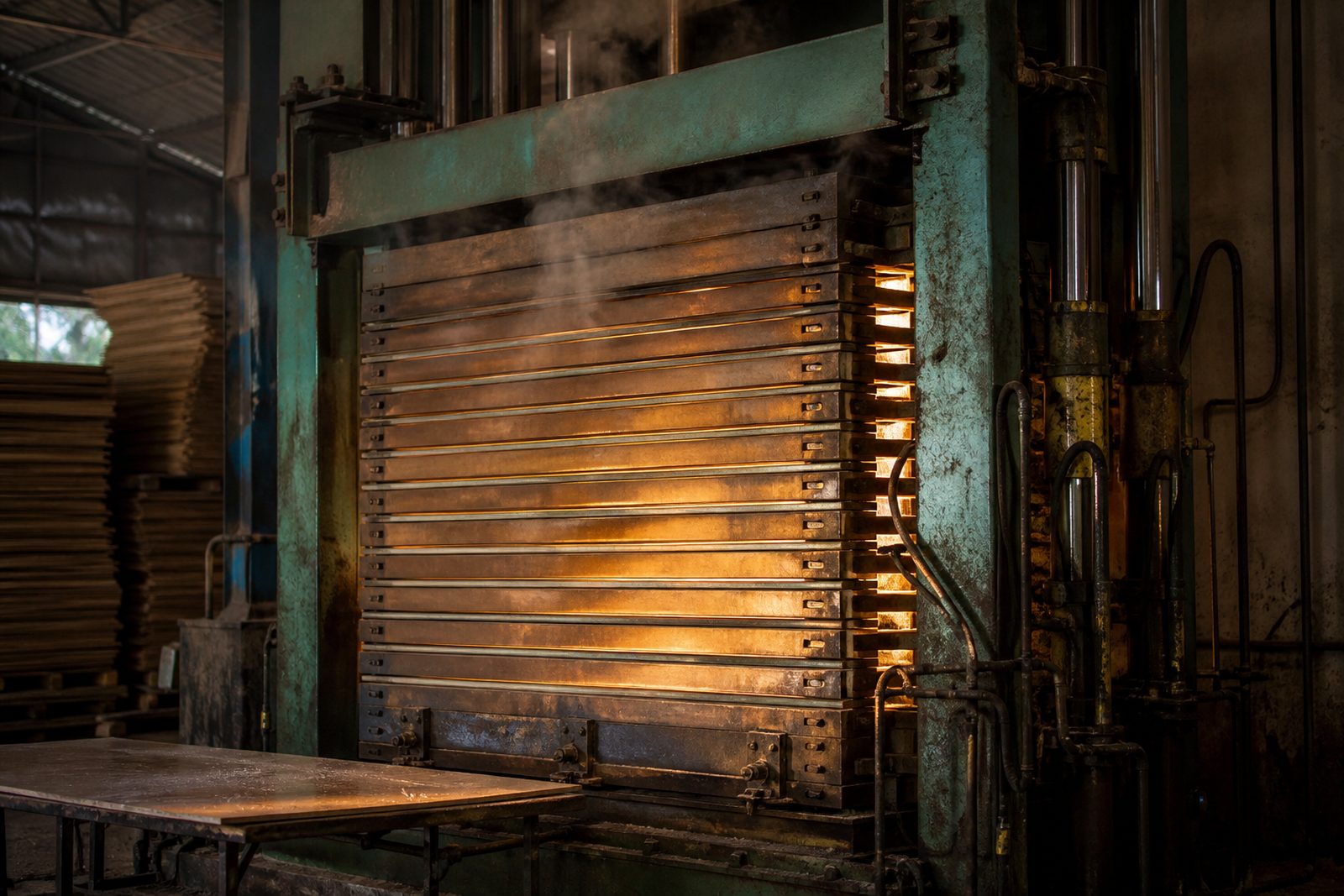Multi-daylight hydraulic hot press closed on stacks of plywood