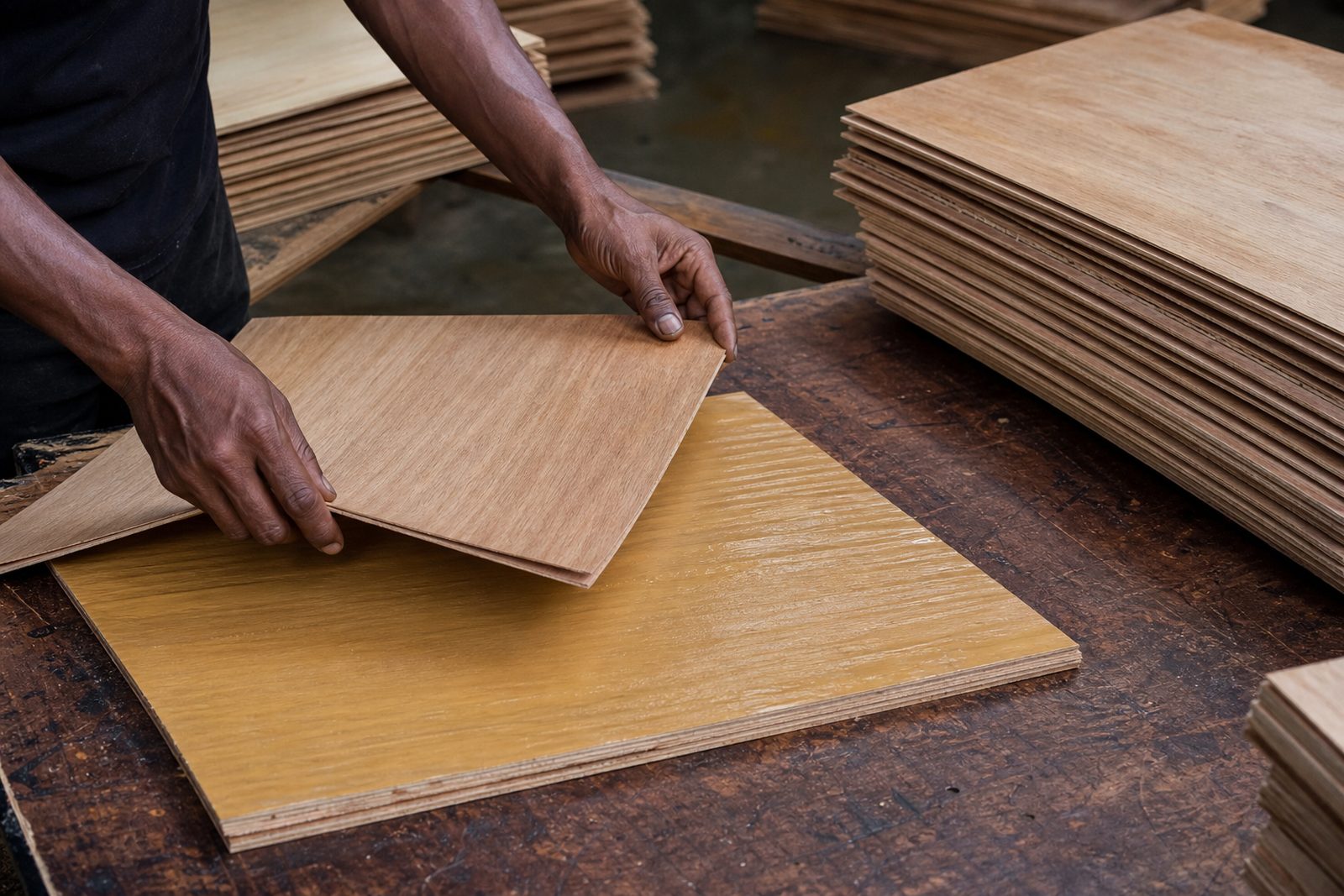Hands laying a cross-grain veneer onto a glue-coated sheet