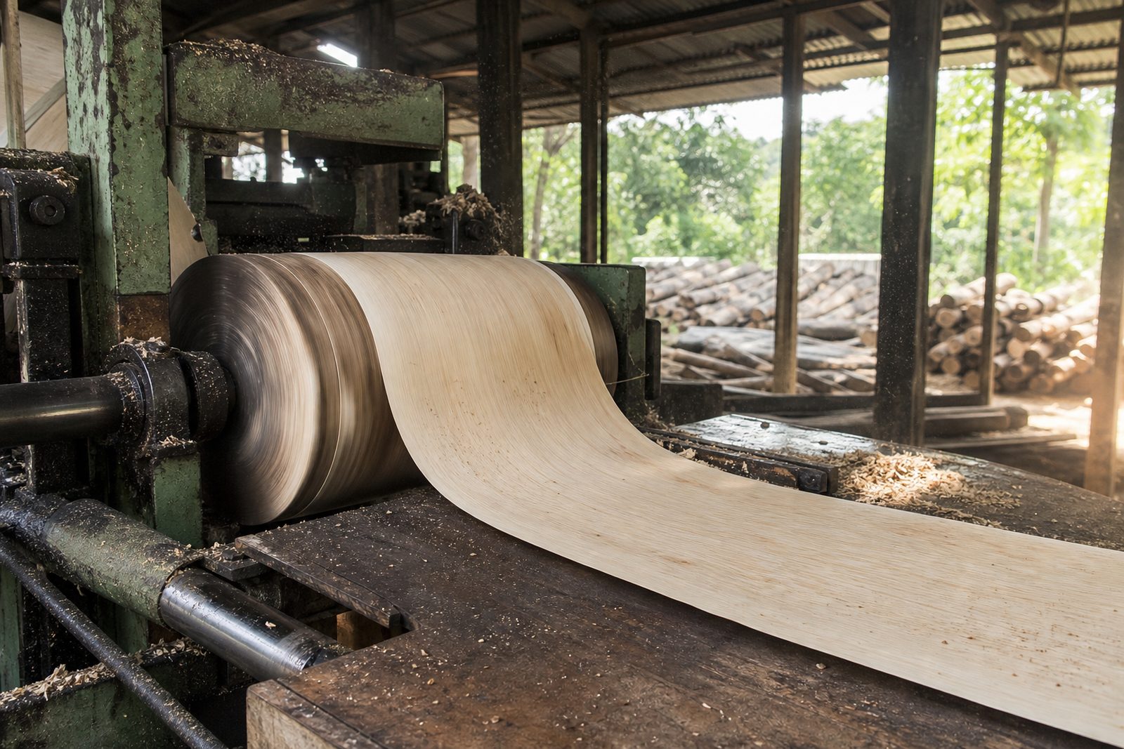 Rotary lathe peeling a continuous ribbon of pale veneer from a rubberwood block