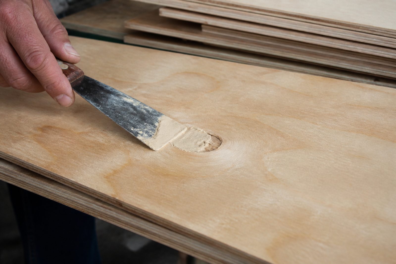 Putty knife filling a knot hole in a plywood face