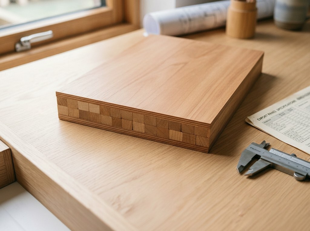 Block board cross-section showing hardwood batten core and face veneer