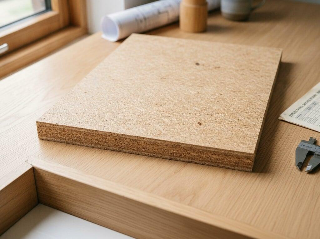 Pre-laminated particle board sheet stack at the warehouse
